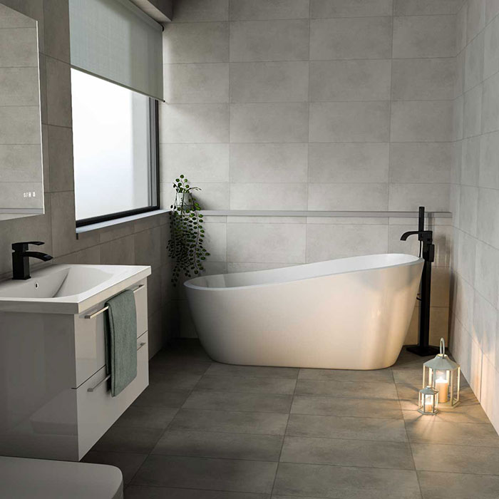 Grey bathroom with freestanding bath and accessory accents of Dulux Tranquil Dawn