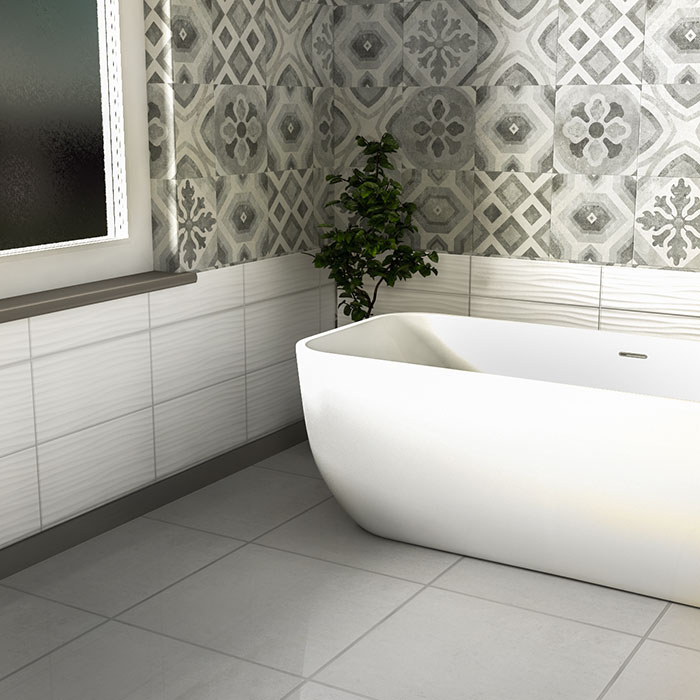 Wholesale Domestic Bathroom with surface grey decor tiles and brighton white tiles, and freestanding bath