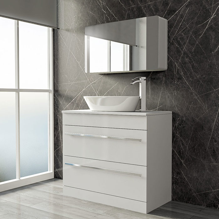 Wholesale Domestic bathroom with white basin storage unit and hydraulic mirror cabinet