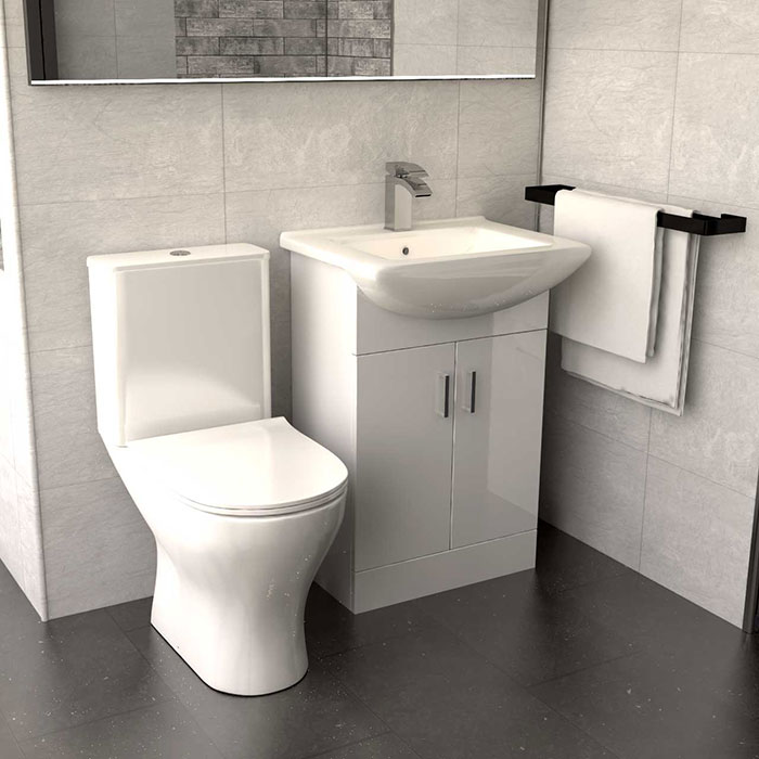 Wholesale Domestic bathroom with toilet, vanity unit and matte black modern towel rail