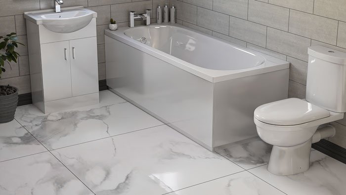 Large 60cm x 60cm Marble-Effect Tiles on a Bathroom Floor