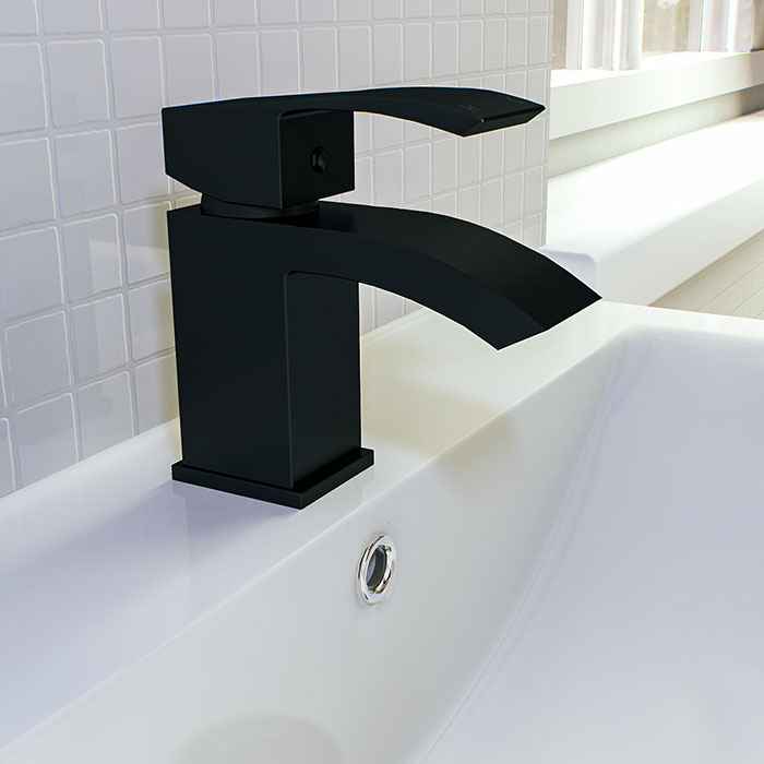 Black taps- mini mono basin mixer tap on white basin