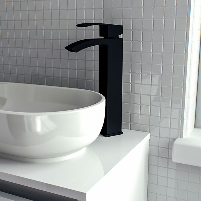 Black taps- high rise basin mixer tap on white counter top basin