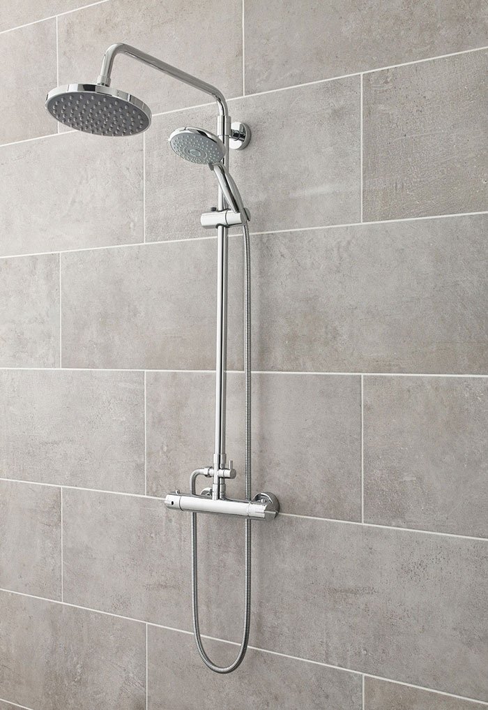 Easy clean bathroom- rigid riser thermostatic shower with handheld shower attachment