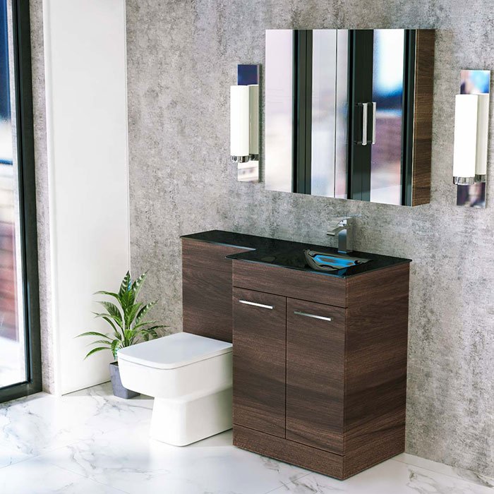 hotel style bathroom- wooden furniture