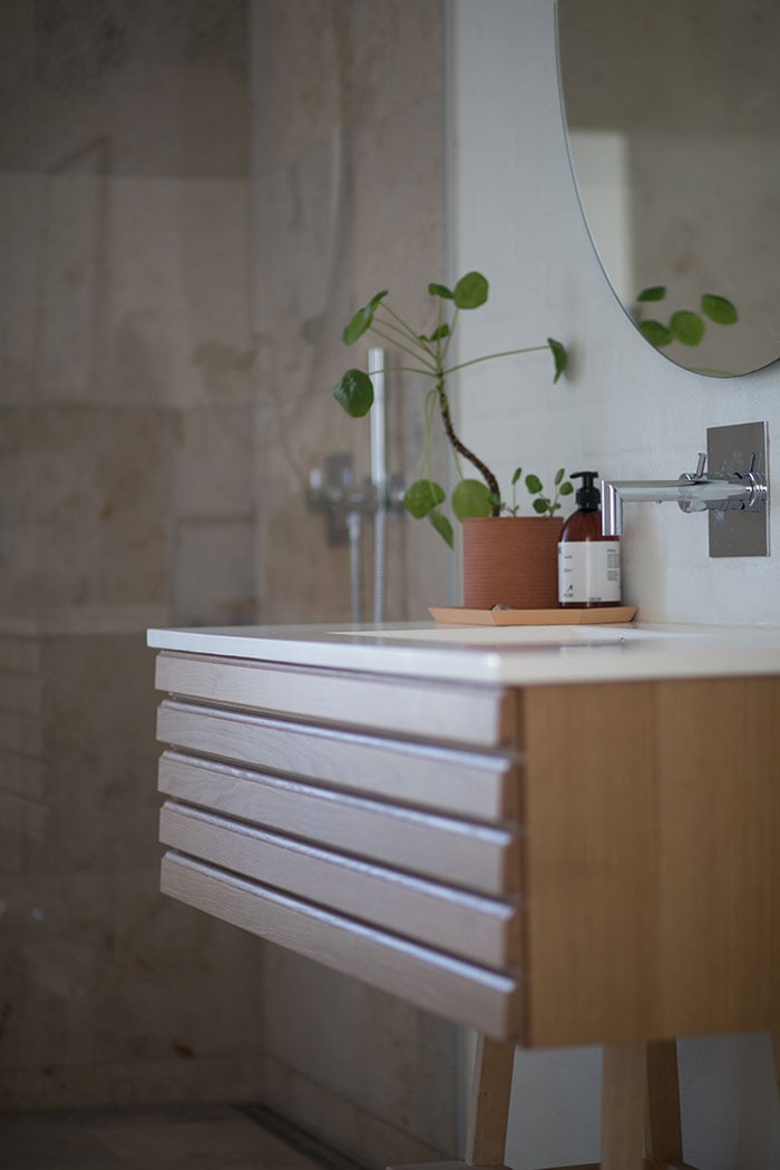 Minimalist bathroom accessories- large mirror and houseplant 