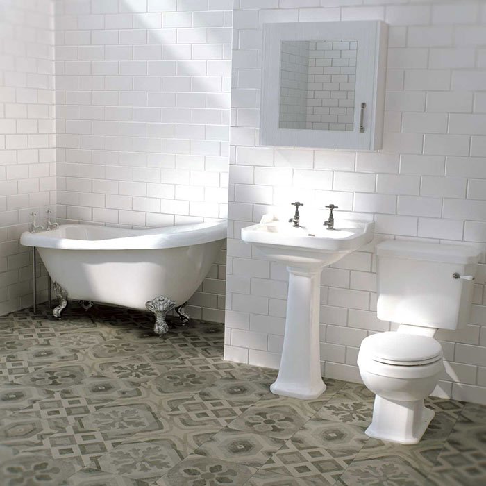 Victorian inspired bathroom-traditional bathroom with white subway wall tiles, patterned floor tiles and traditional bathroom suite