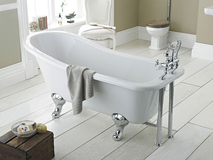 Victorian inspired bathroom- freestanding roll top slipper bath with traditional feet
