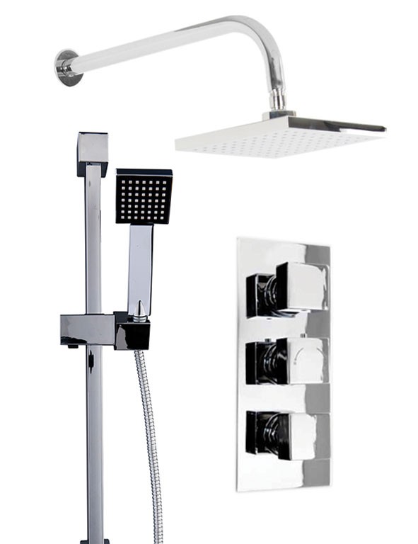 Cubix Triple Thermostatic Valve with Square Shower Head & Thames Slide Rail Kit
