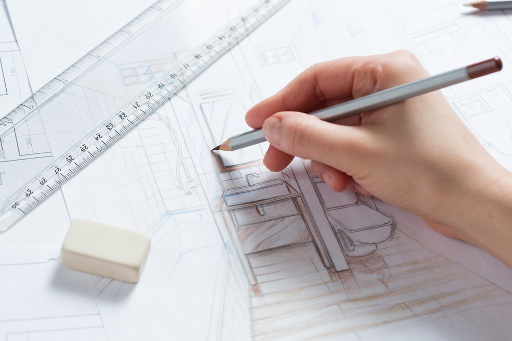 Sketch of a bathroom basin, vanity unit and mirror