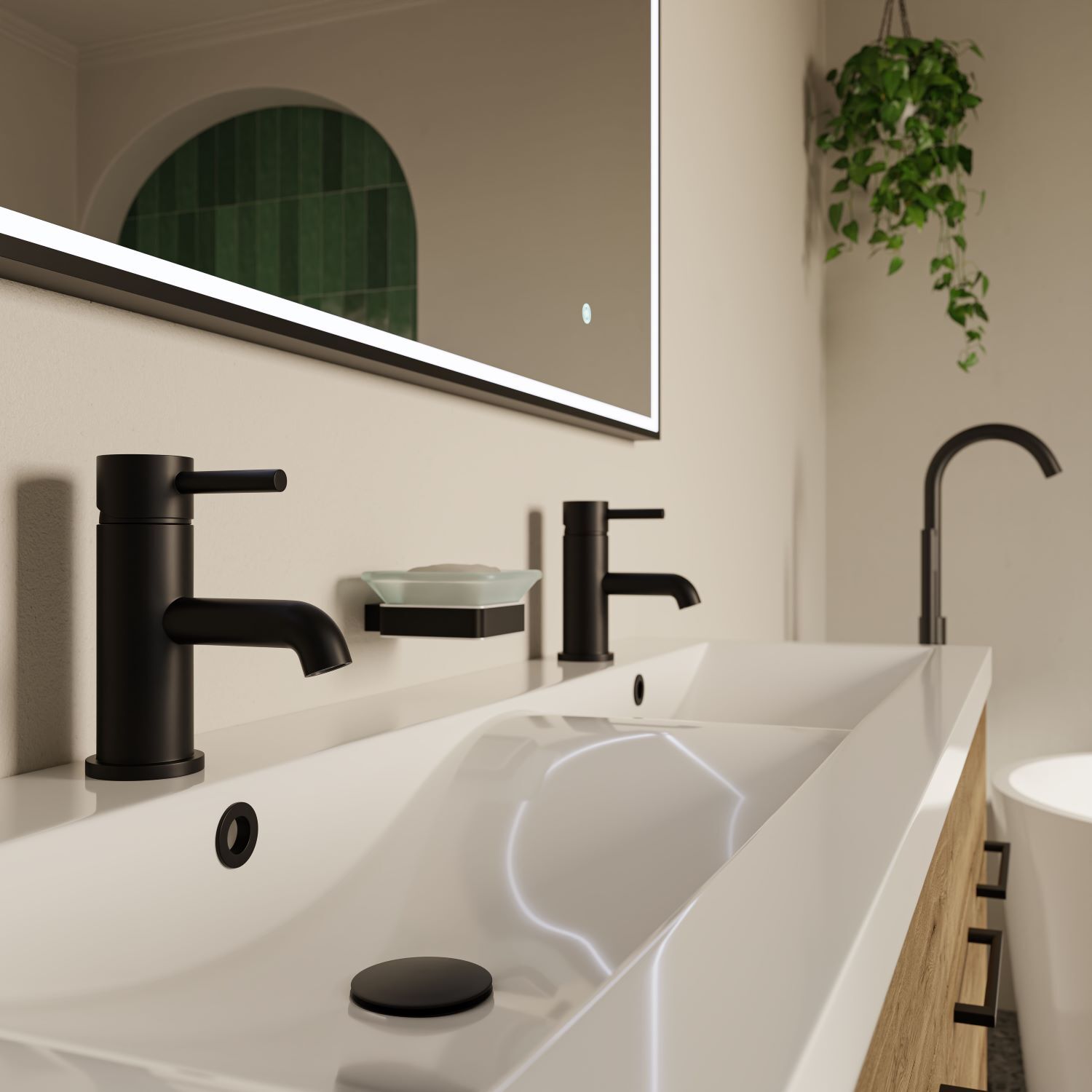 a double sink with matt black taps and a shiny mirror