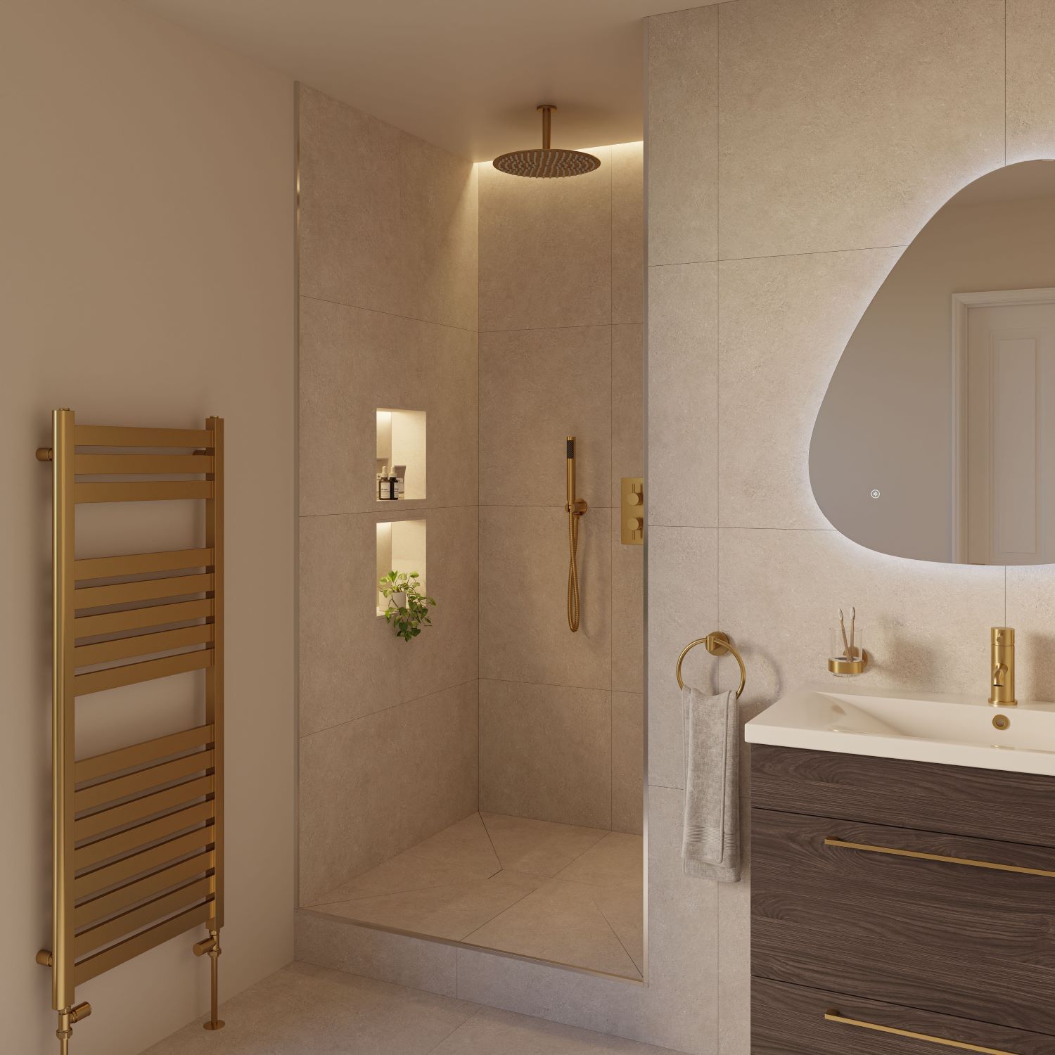 cohesive bathroom design with brushed brass fixtures throughout
