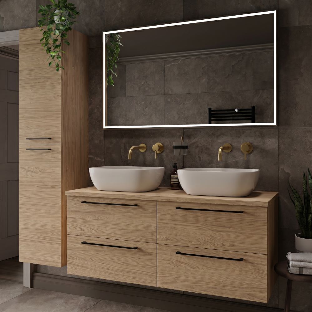 vanity unit with matt black handles paired with brushed brass taps