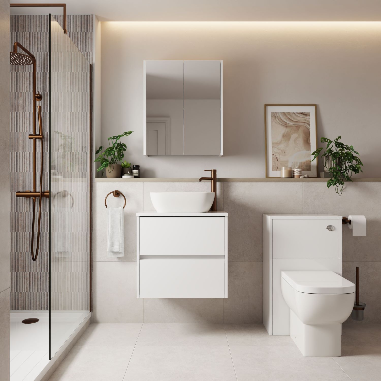 a modern bathroom with brushed bronze fixtures