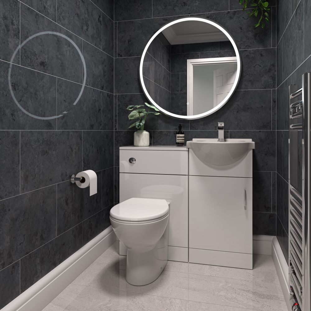 White bathroom vanity unit with blue tiles