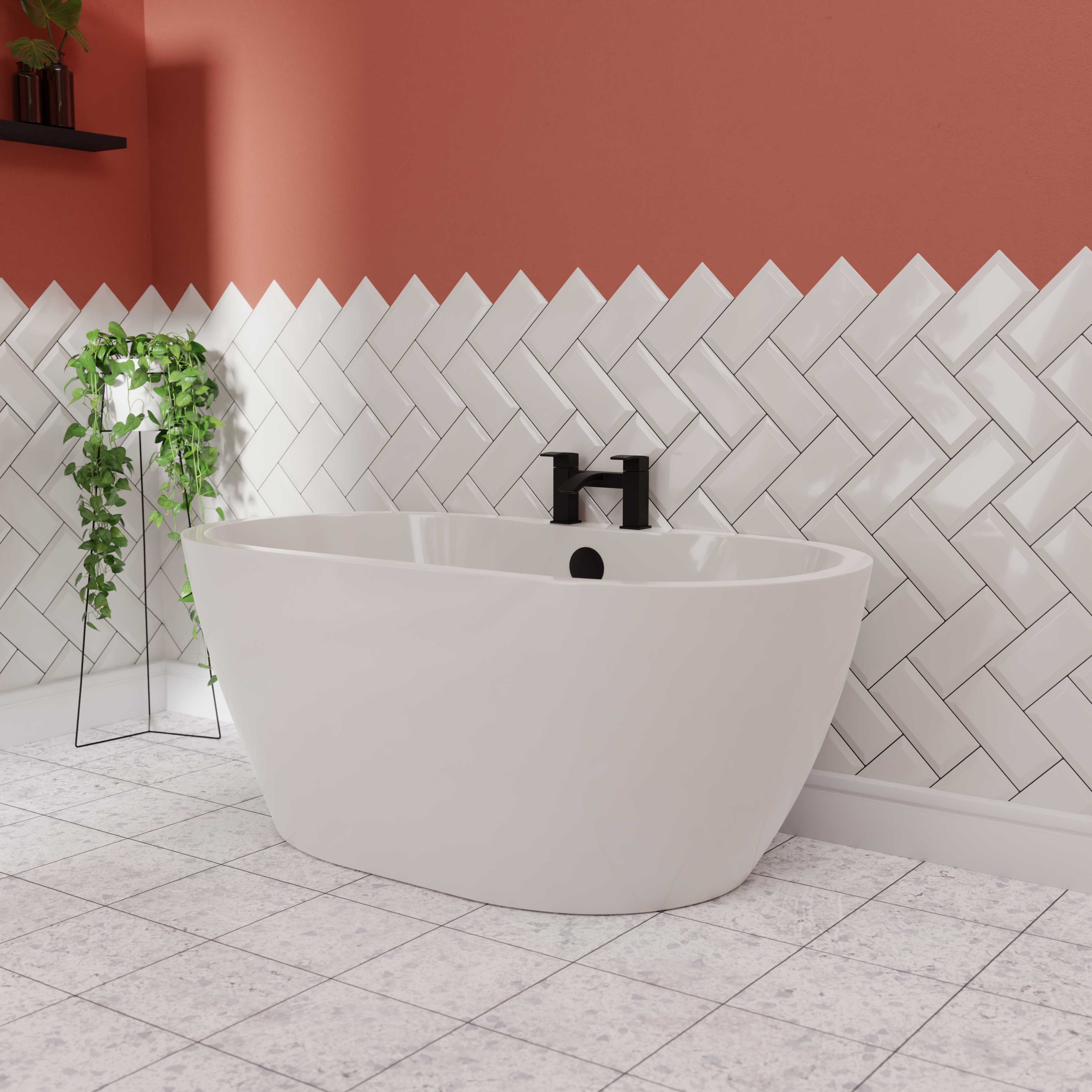 Minimalist contemporary bathroom with a freestanding bathtub, completed with a deck-mounted black bath tap