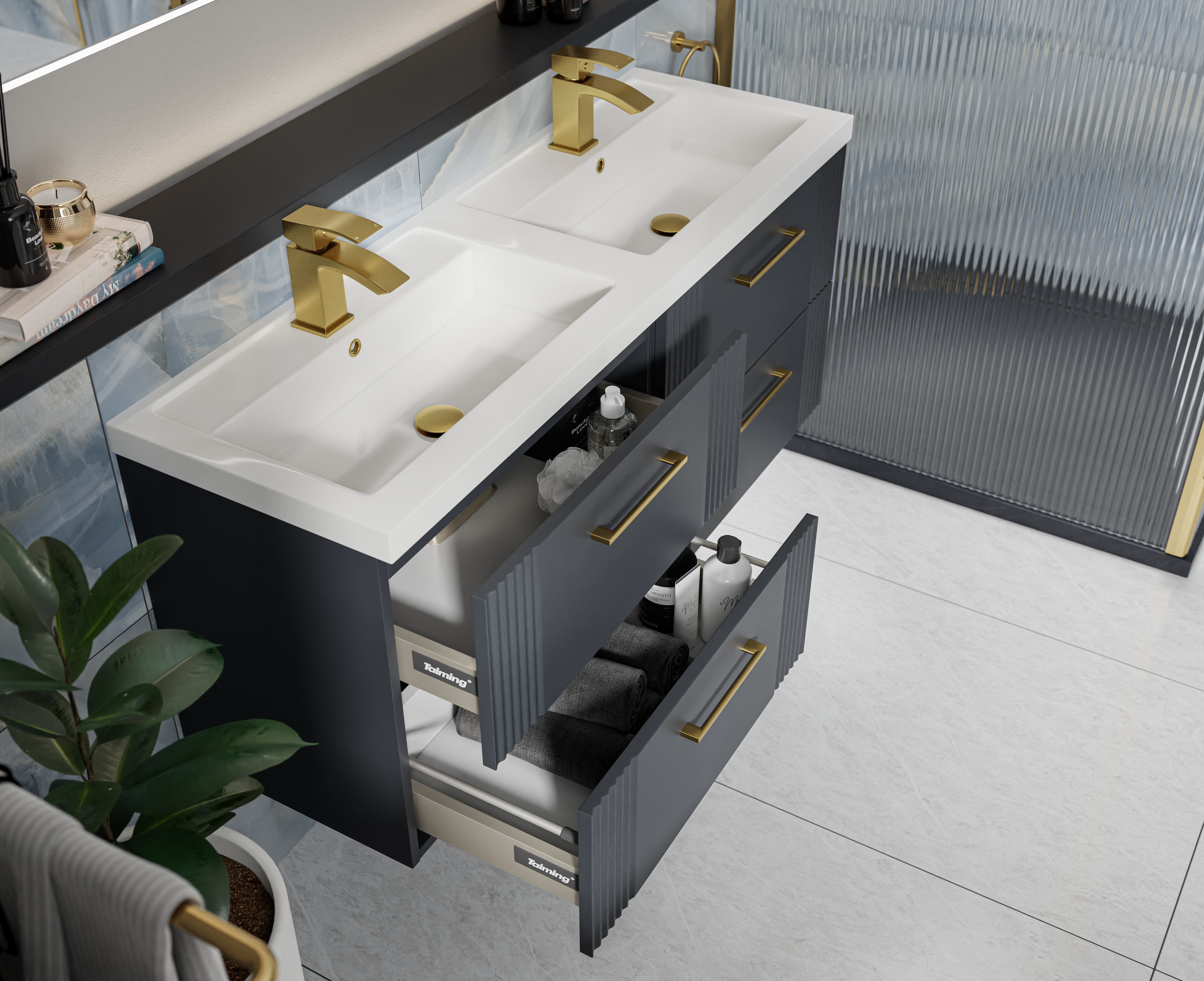 Double bathroom sink unit with storage drawers and products inside