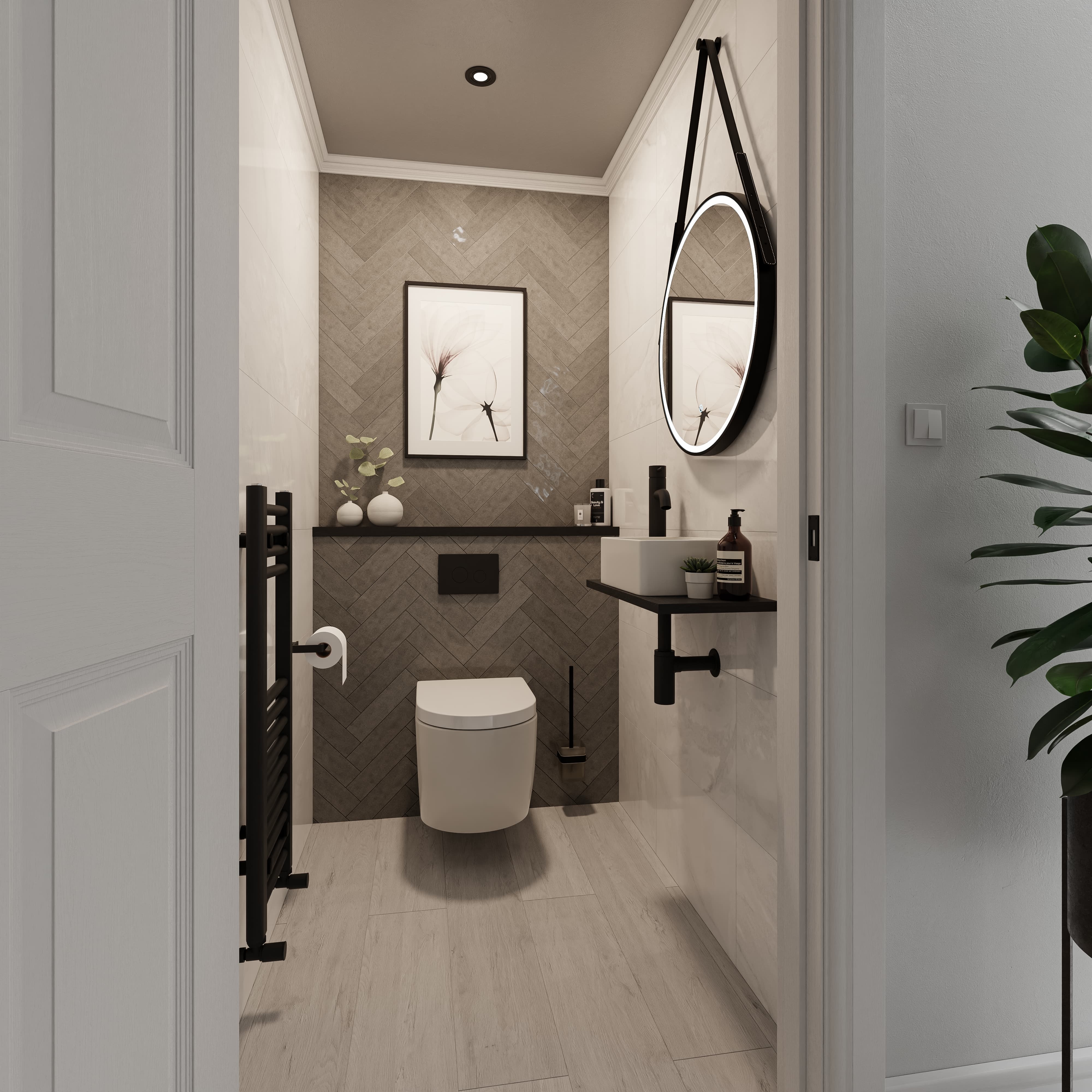 Grey cloakroom toilet suite with wall hung toilet and black accessories