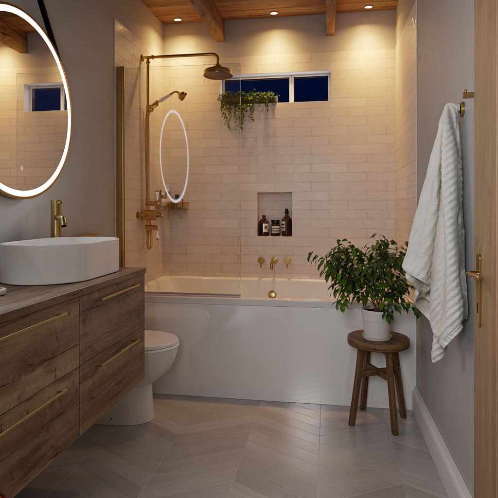 bathroom with low level lighting at night