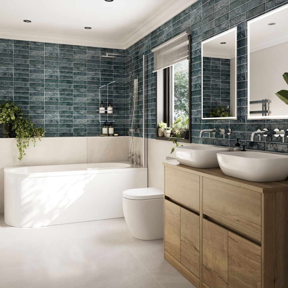 Blue wall tiles and neutral floor tiles in bathroom