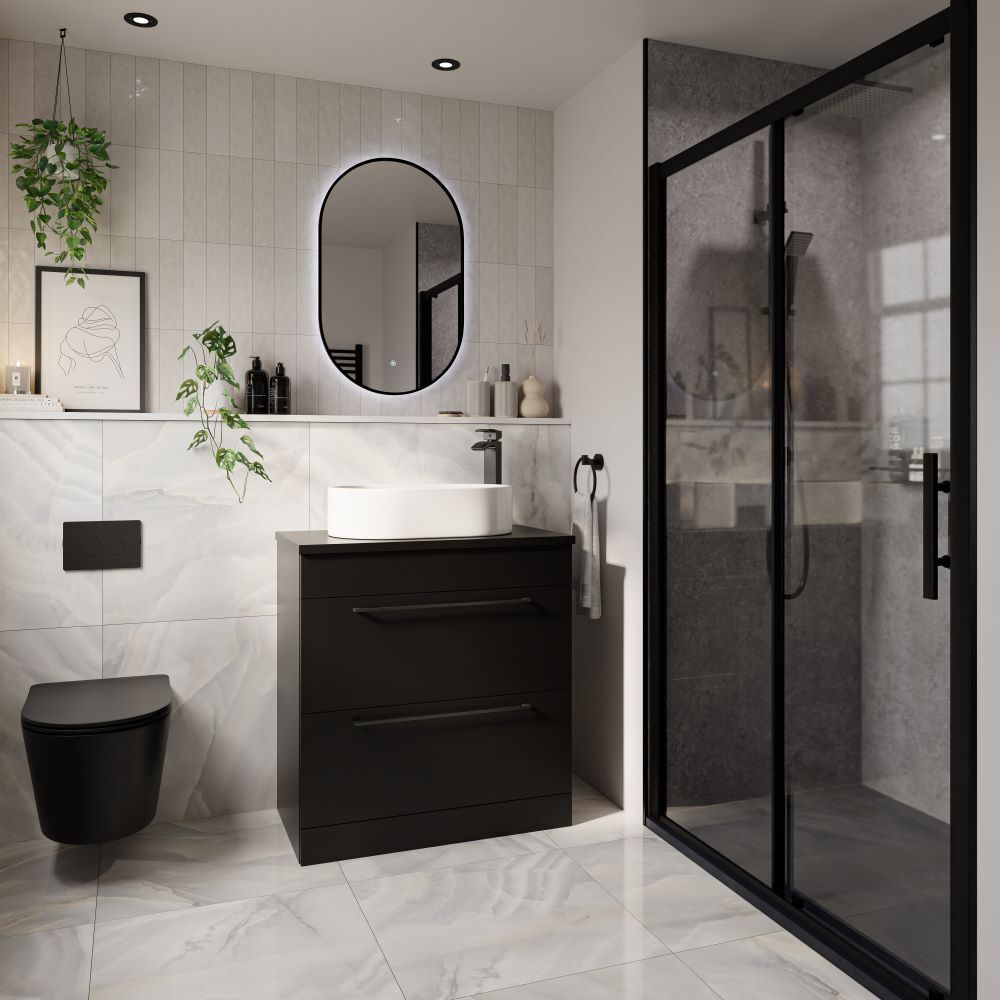 Matt black vanity unit, toilet and shower enclosure