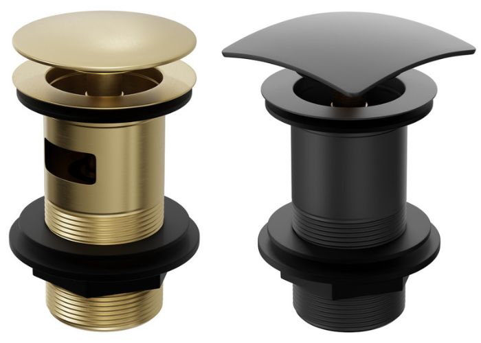 Brushed brass round slotted waste and matt black square unslotted waste
