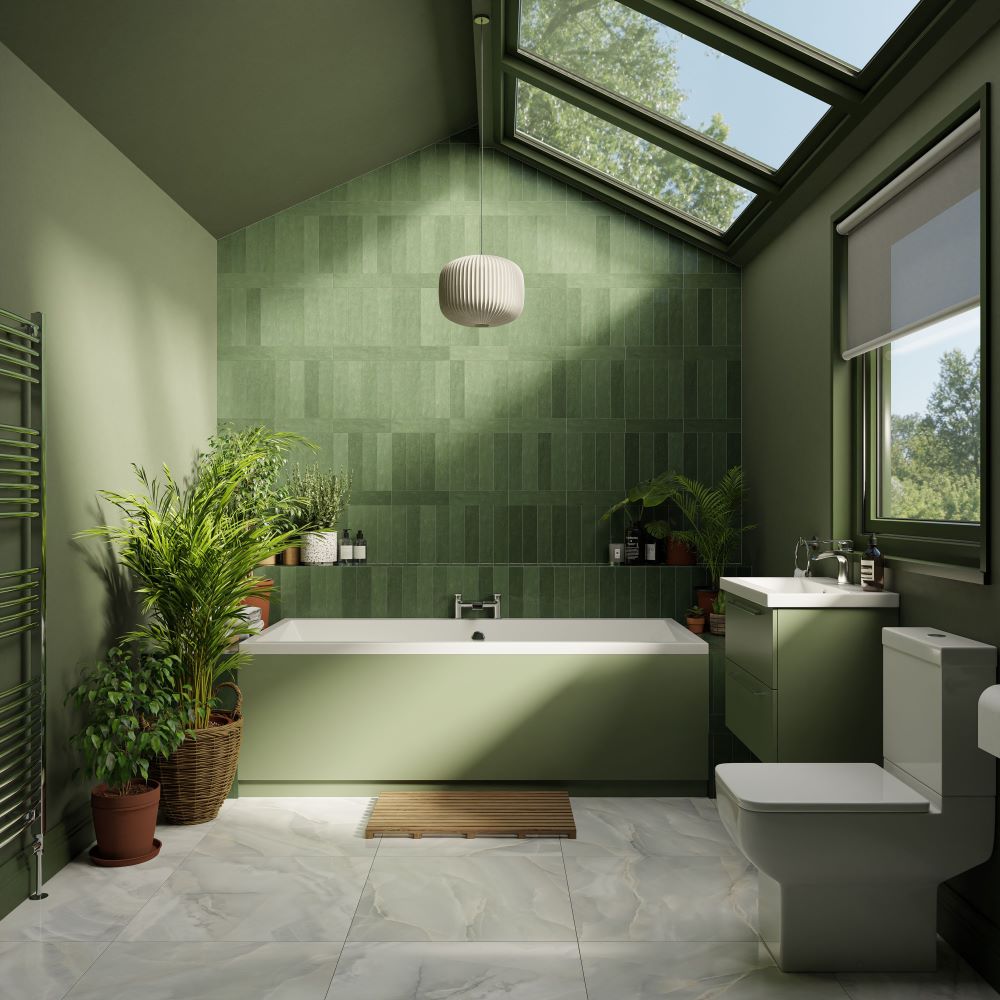 Green tiled bathroom wall with green bath panel and vanity unit