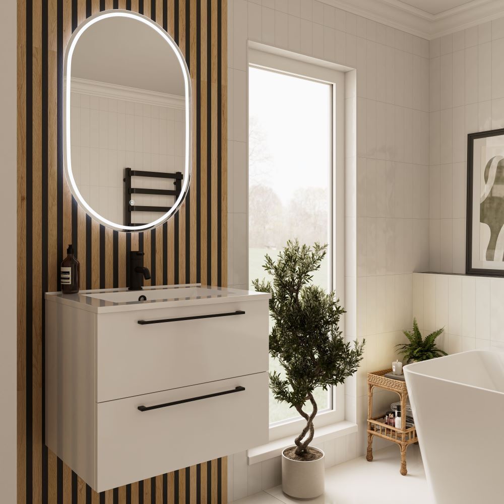 Wood panel behind vanity unit