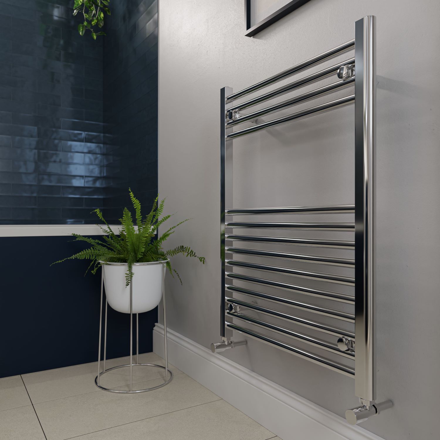 chrome towel rail in bathroom
