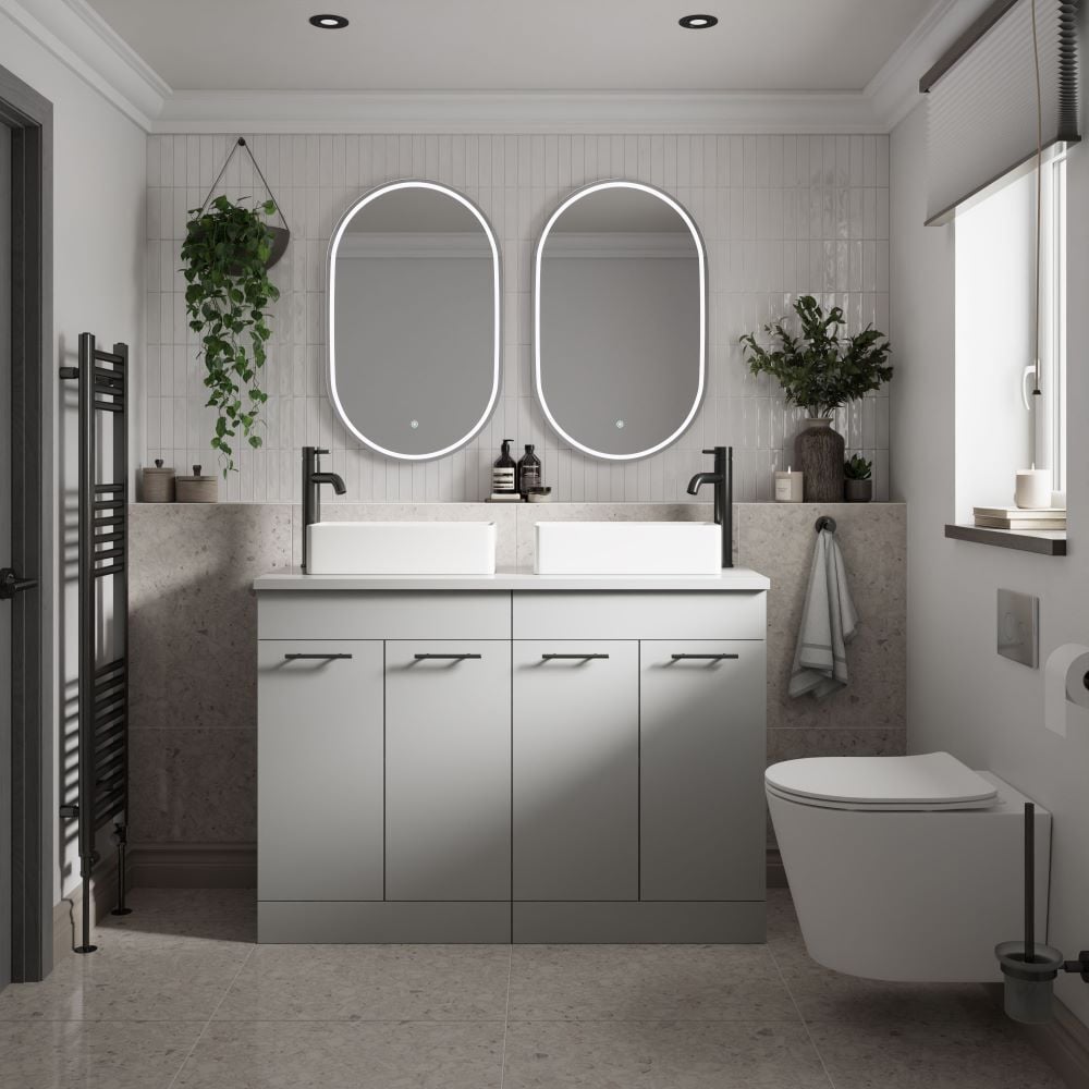 White walls and flooring with light grey vanity unit