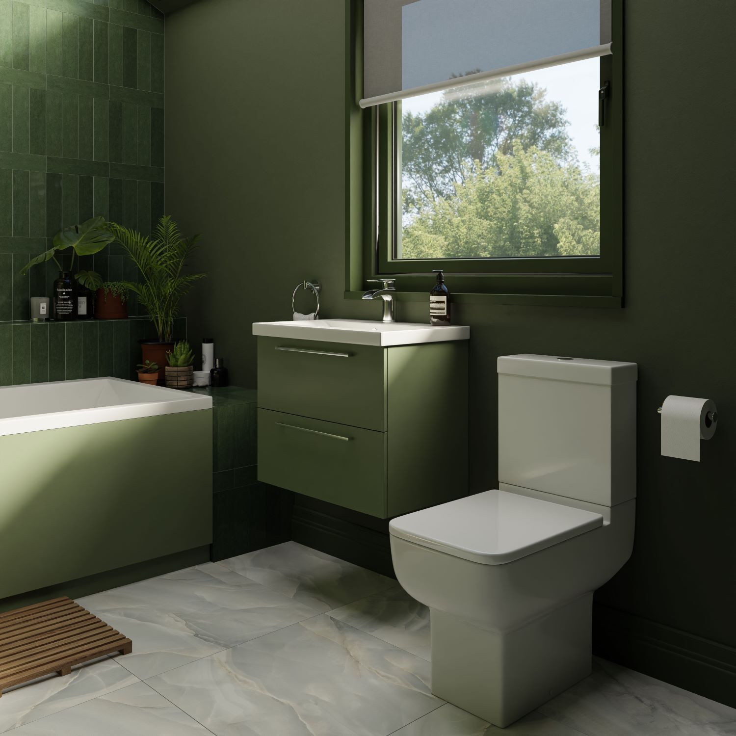 Olive green bathroom roomset with close coupled toilet