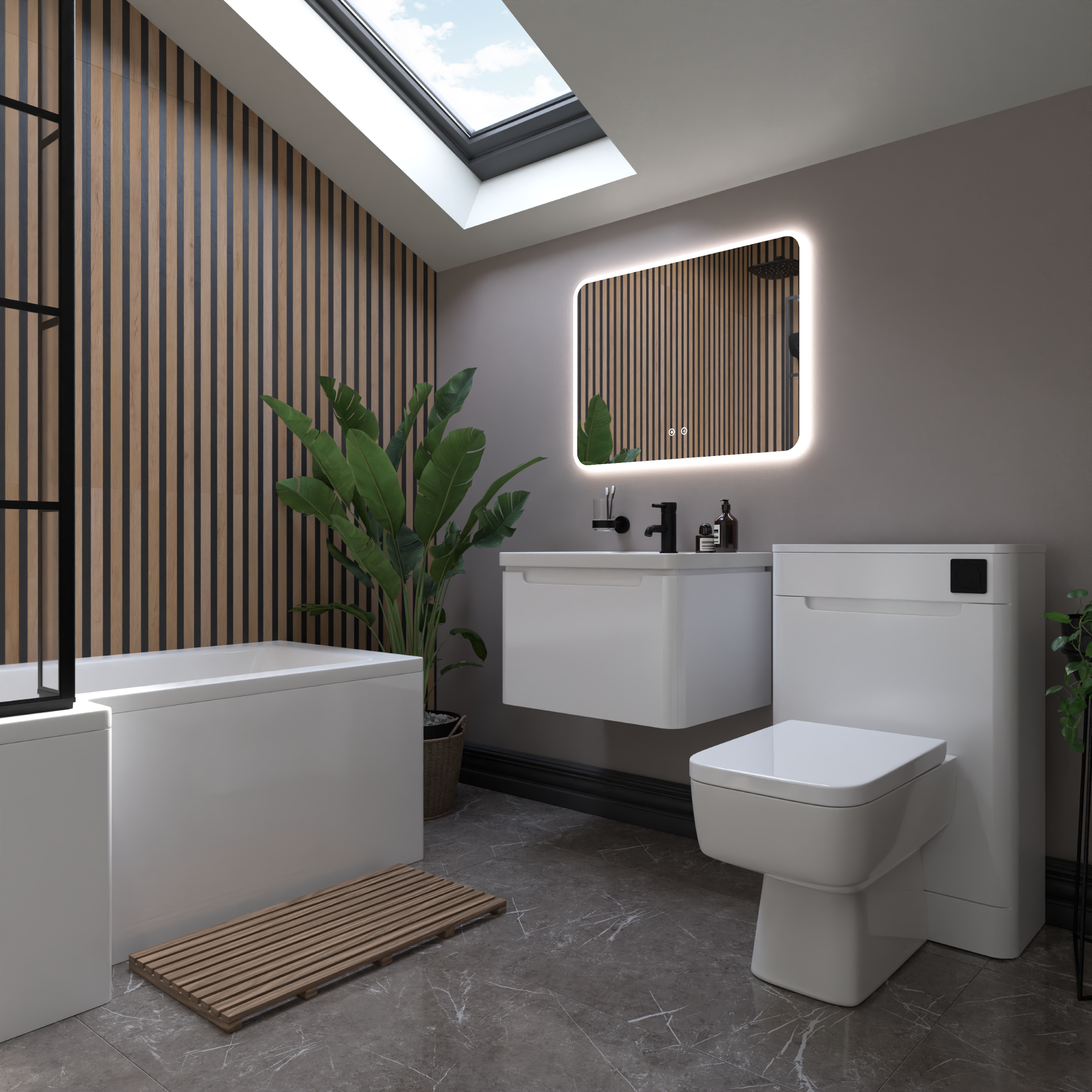 Modern bathroom with bath, toilet and sink unit