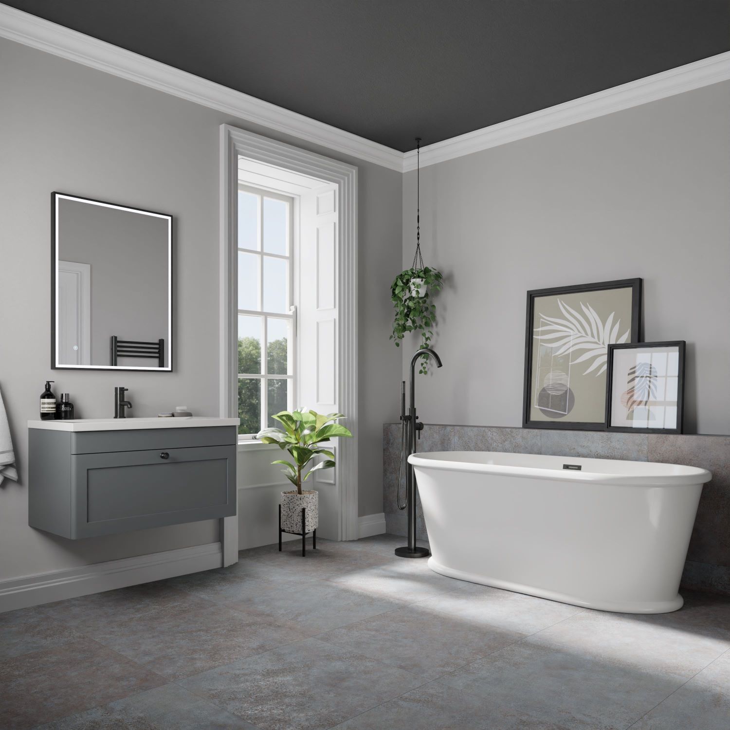 Concrete effect floor tiles in bathroom with grey vanity unit