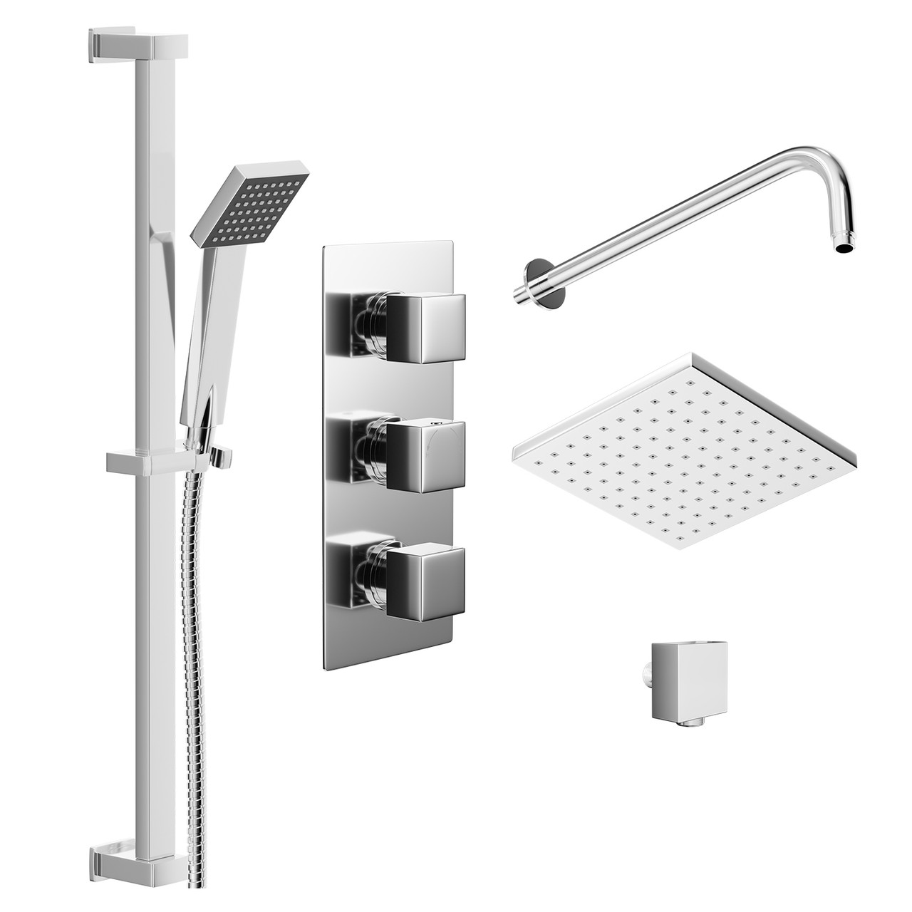 Cubix Polished Chrome Triple Thermostatic Valve Mixer Shower with Square Fixed Head and Thames Shower Slide Rail Kit
