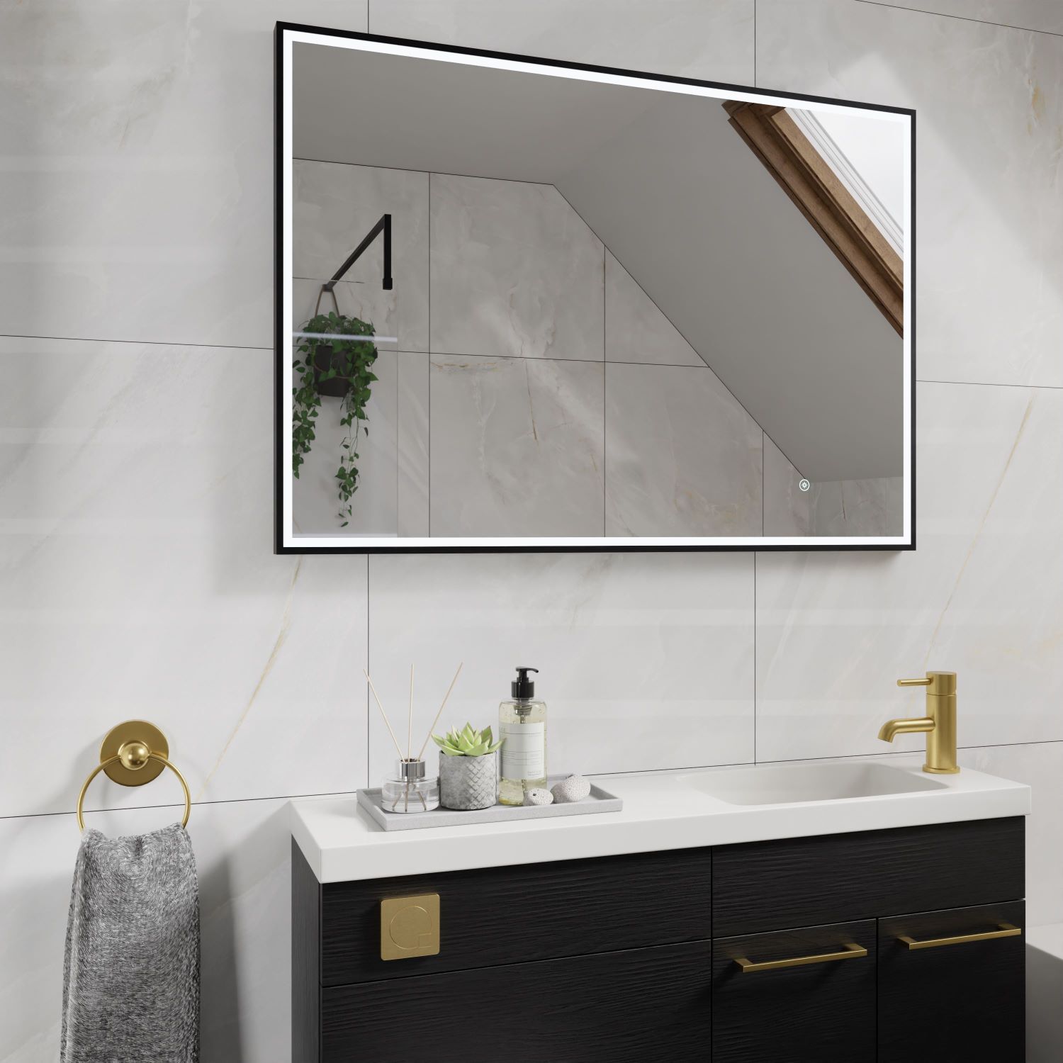 large format marble tiles with clean grey grout lines