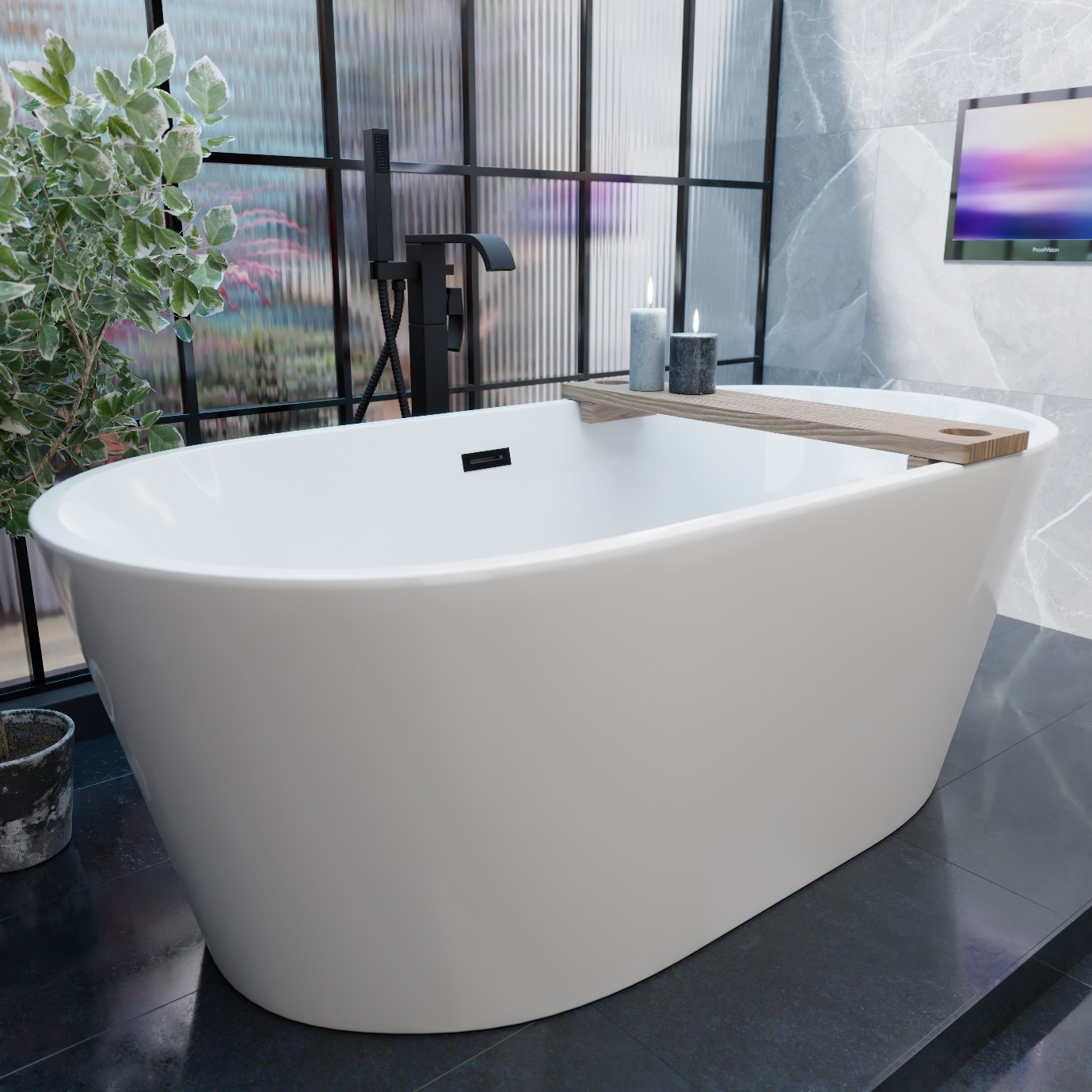 Freestanding bathtub with a floor standing matt black bath tap