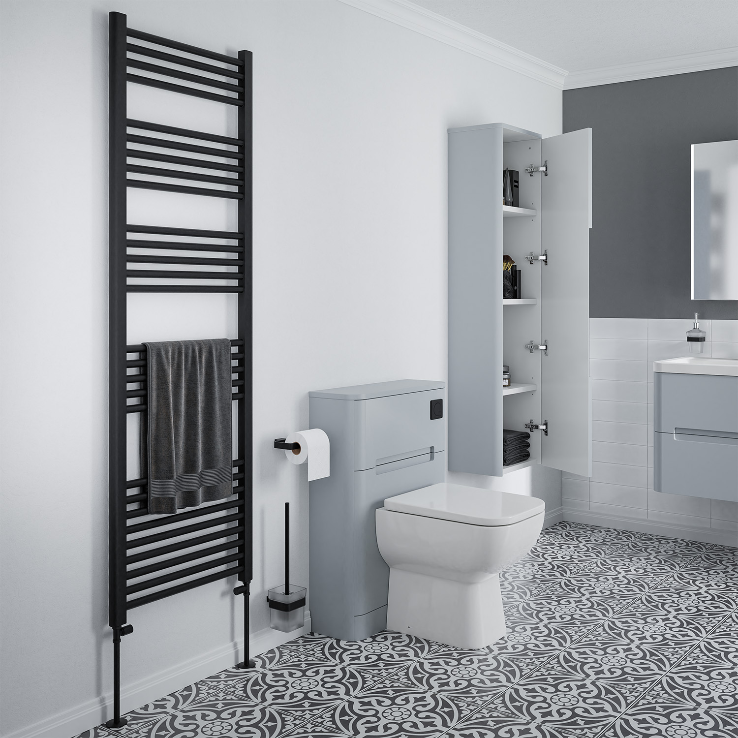 Grey bathroom with matt black towel rail, patterned floor and soft close toilet