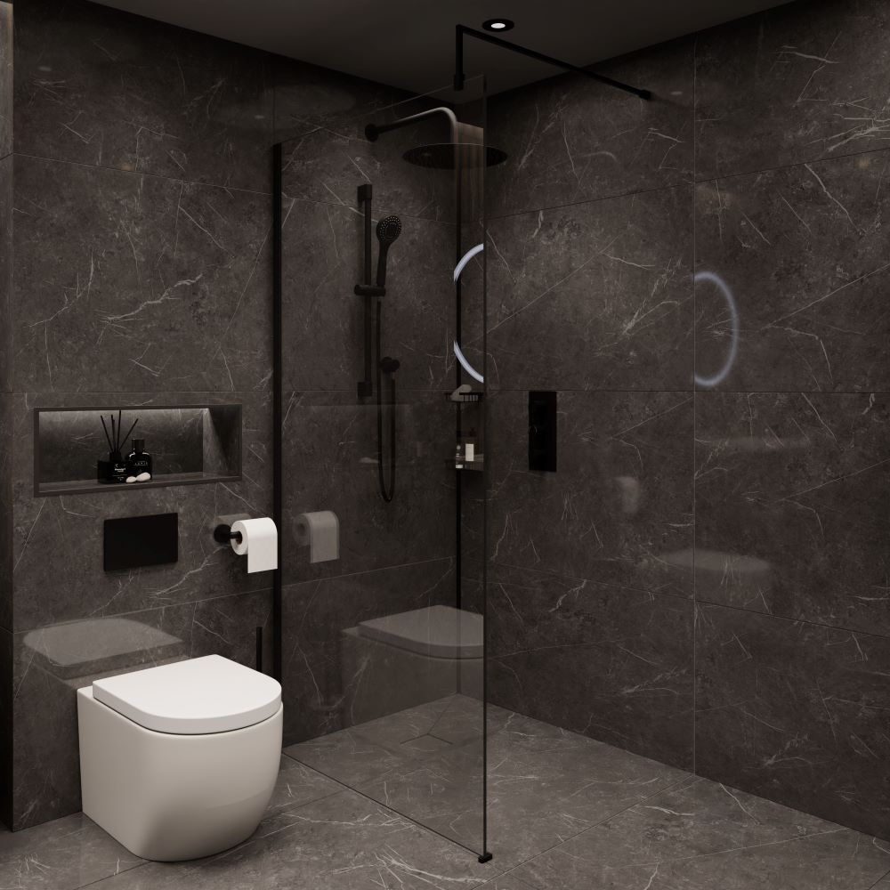 Dark moody bathroom in grey tones