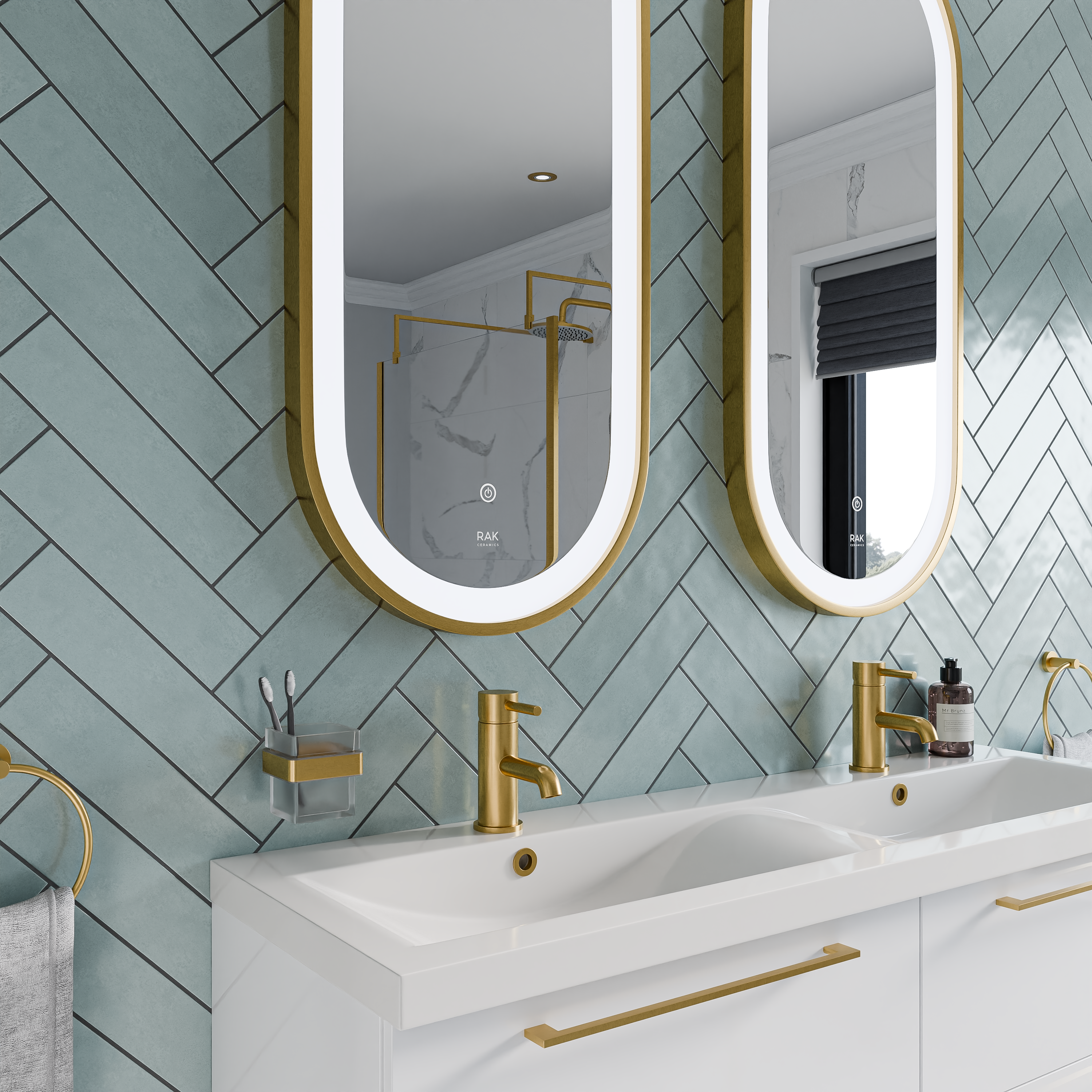 Blue tiles and double mirror bathroom set up