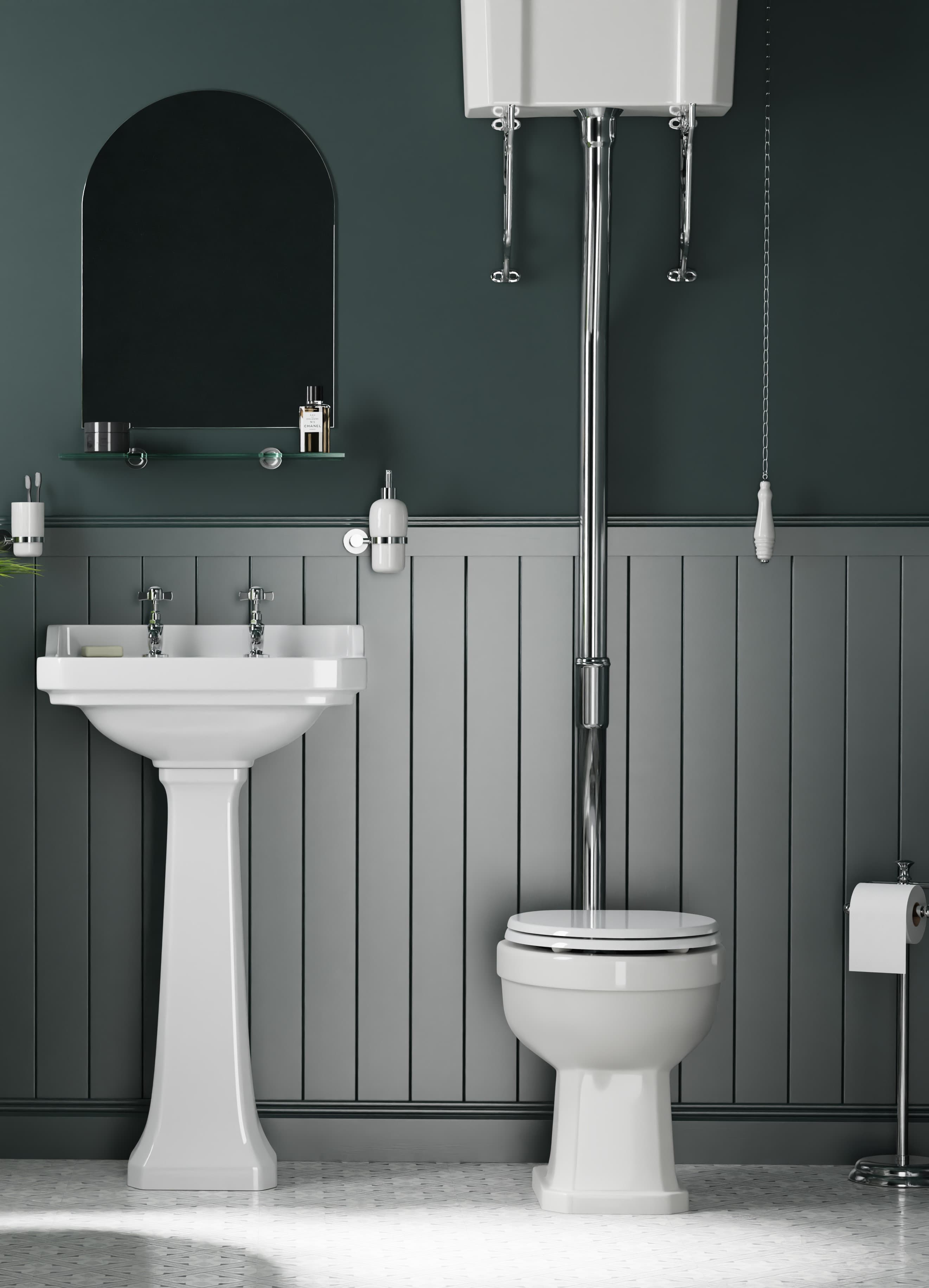 Traditional high level toilet with chrome features and traditional full pedestal basin