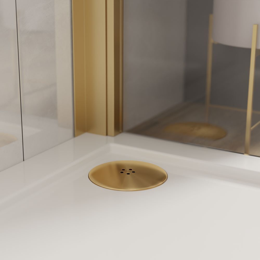 brushed brass shower waste in enclosure