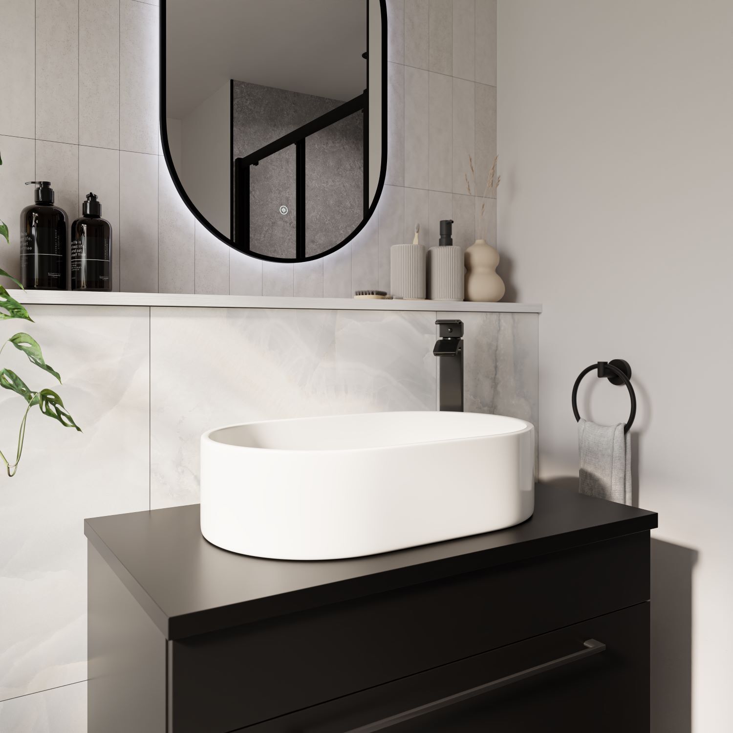 matt black basin tap on matt black vanity unit