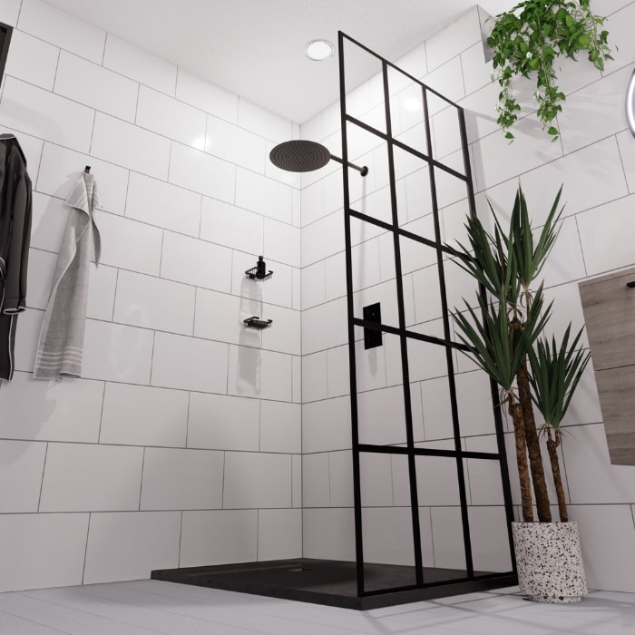 Modern Bathroom with a Black Grid Shower Enclosure with Black Accessories