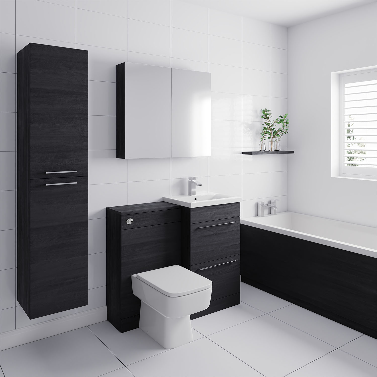 Modern Bathroom with Nero Oak Storage Cabinets