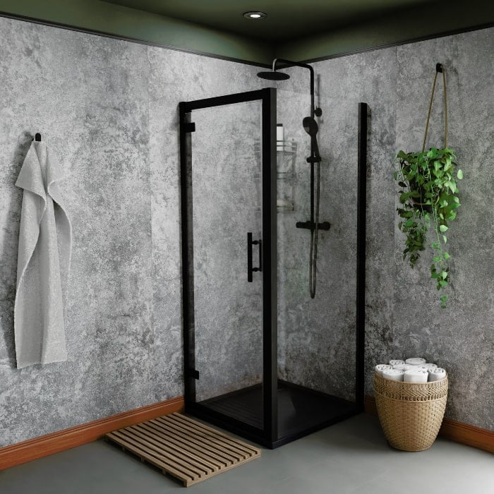 modern, minimalist bathroom with wall panels and a square corner-entry shower enclosure  in matt black