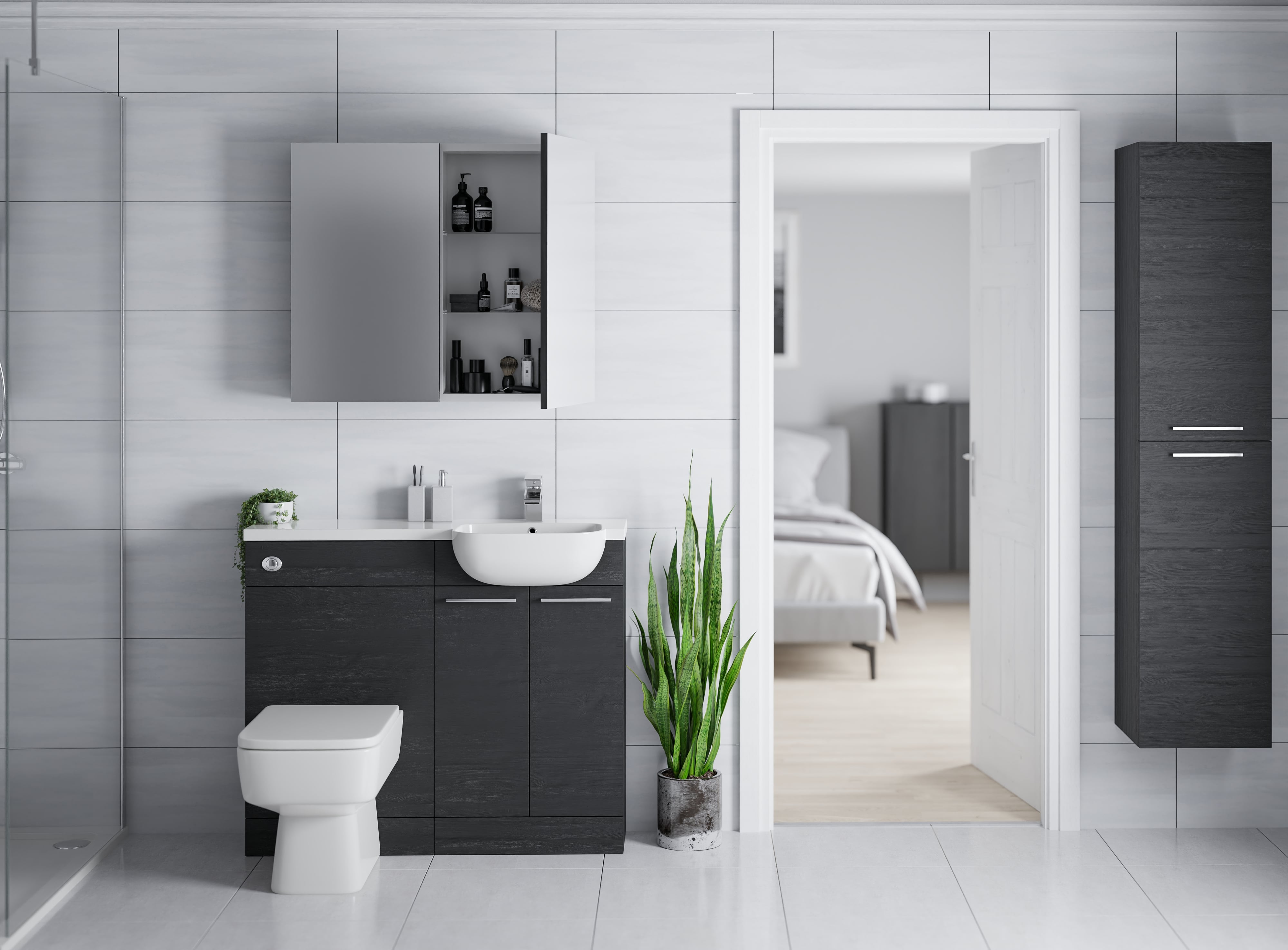 Minimalist modern bathroom with dark oak furniture