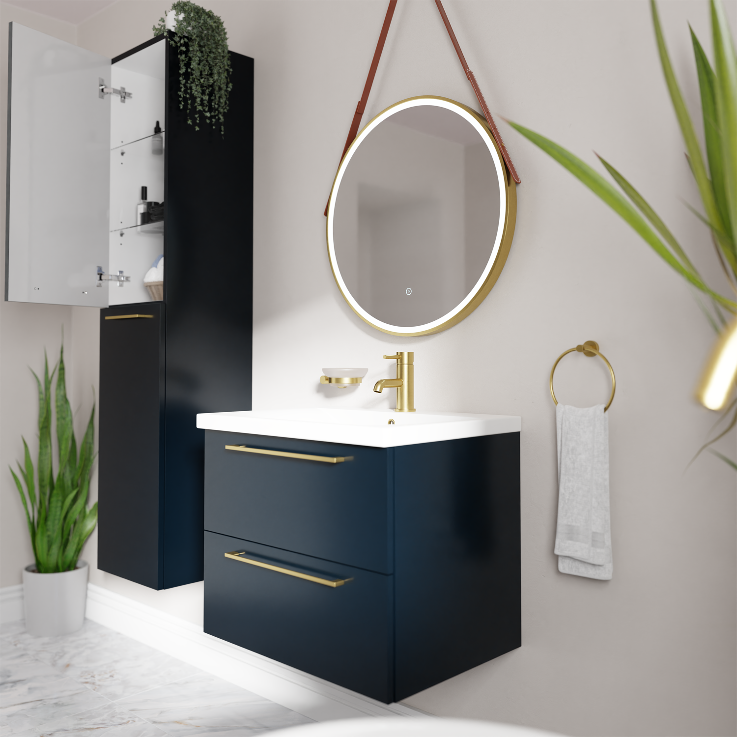 Napoli deep blue wall-hung bathroom vanity unit with brushed brass handles