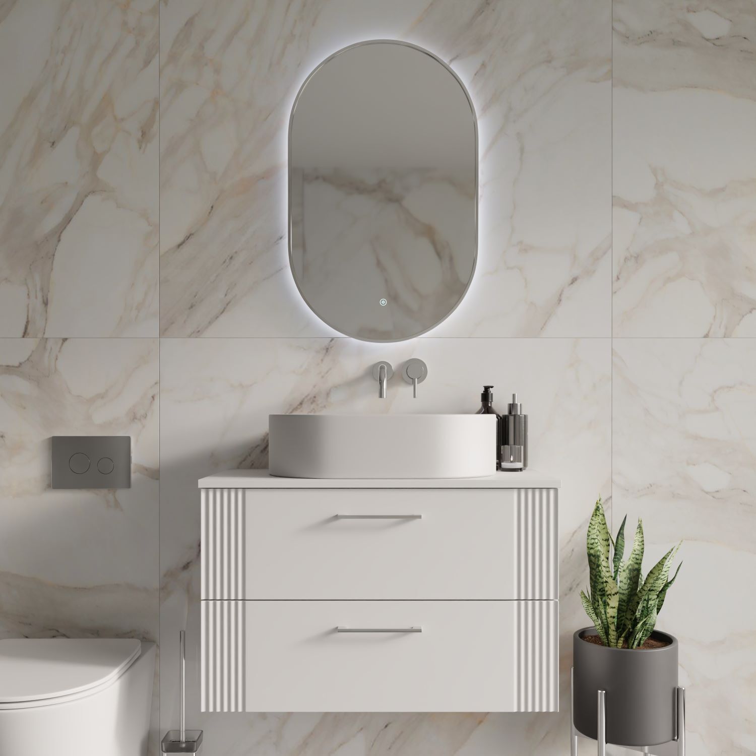 Marble effect tiles on wall in bathroom, behind mirror and vanity unit