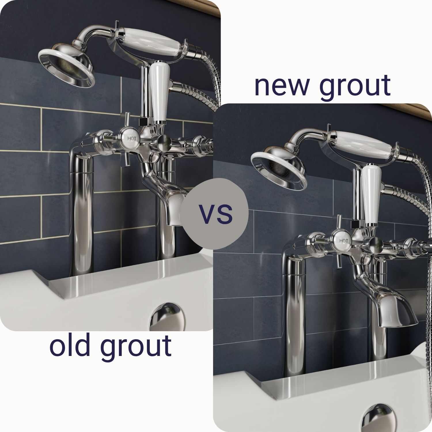 comparison of old discoloured grout vs new white grout