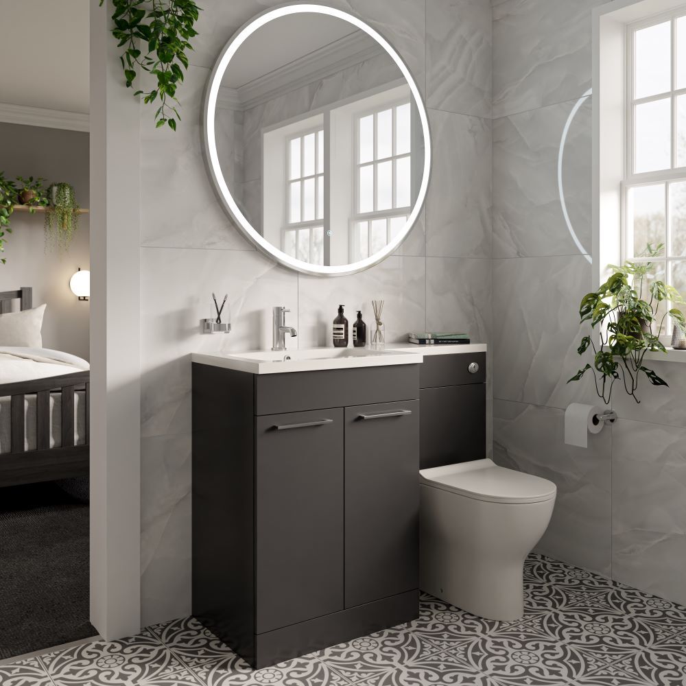 Patterned floor tiles in bathroom